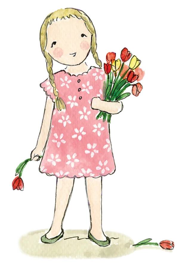 Watercolour illustration of Little Hannah, a young girl in a pink flowered dress holding a bunch of tulips