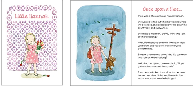 The cover of Little Hannah beside an inside spread reading 'Once upon a time…'